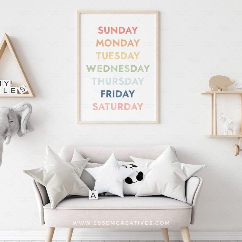 Brighten up your preschool classroom or nursery with our Days of the Week Print! 🌈 Fun and educational decor for little learners. Perfect for playrooms too! #PreschoolDecor #RainbowPrint #Homeschooling