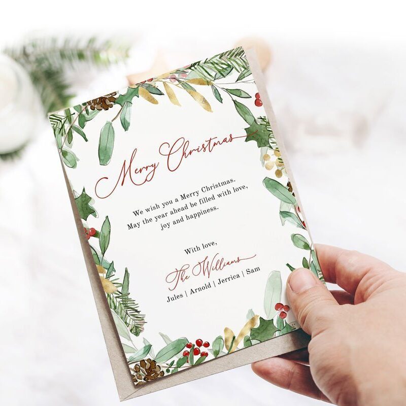 Embrace the festive spirit with our Greenery Christmas Card Template. Featuring enchanting watercolor foliage, this 2023 holiday card radiates warmth and elegance. Customize your greetings effortlessly with its printable and editable features. Instant download and seamless editing via Corjl make spreading joy a delight. Share your heartfelt wishes in style