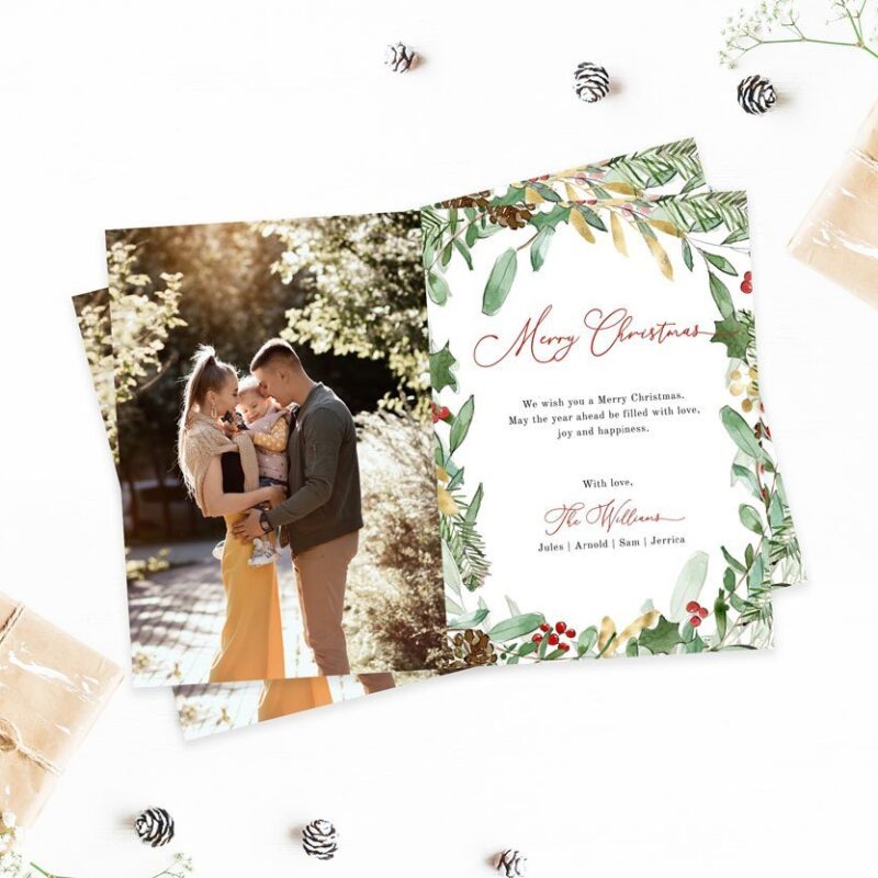 Embrace the spirit of the season with our Christmas Card Template. Adorned with exquisite watercolor foliage, this holiday photo card for 2023 exudes timeless elegance. Personalize your greetings effortlessly with its printable and editable features. Instant download and easy customization via Corjl make spreading joy a breeze. Share your heartfelt wishes in style. 🎄✨