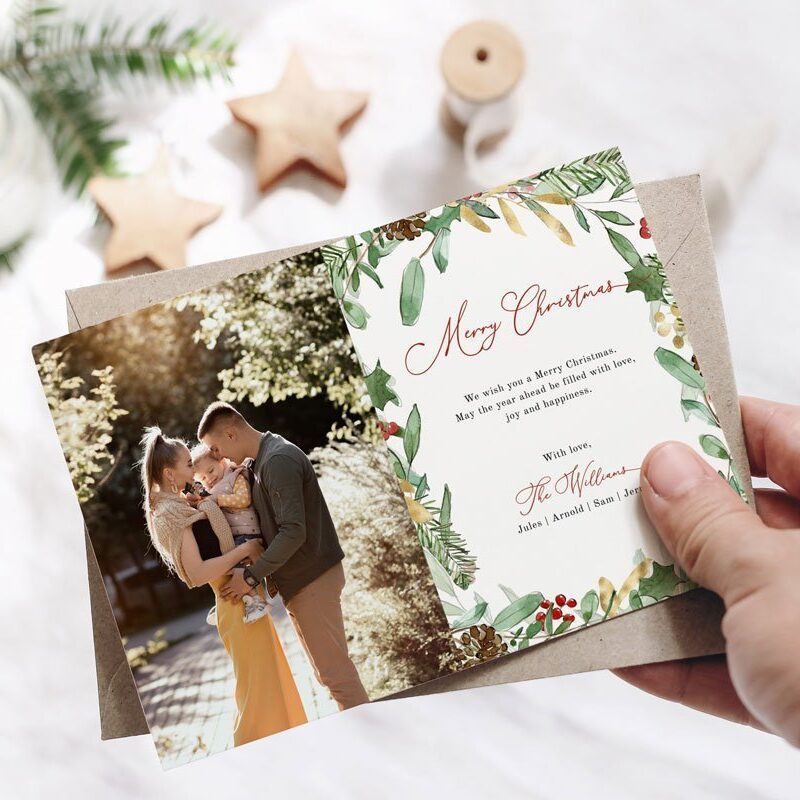 Embrace the spirit of the season with our Christmas Card Template. Adorned with exquisite watercolor foliage, this holiday photo card for 2023 exudes timeless elegance. Personalize your greetings effortlessly with its printable and editable features. Instant download and easy customization via Corjl make spreading joy a breeze. Share your heartfelt wishes in style. 🎄✨