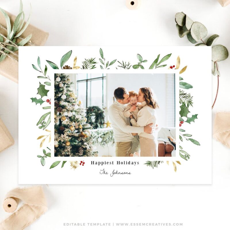 Capture the essence of the holidays with our Greenery Christmas Card Template. This watercolor foliage photo card exudes timeless charm. Effortlessly customize your heartfelt greetings with its printable and editable features. Instant download and user-friendly editing through Corjl offer convenience at your fingertips. Share your warmest wishes in style with this elegant horizontal holiday card.