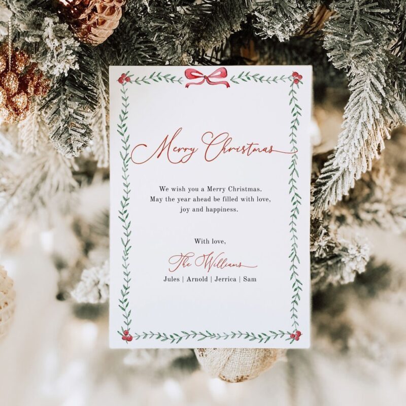 Embrace timeless elegance with our Minimal Christmas Card Template. Featuring a subtle Greenery Christmas Card Border, this design radiates festive charm. Customize your warmest wishes effortlessly with printable and editable features. Instant download and seamless editing via Corjl make your holiday greetings stress-free. Make this season special with this chic vertical holiday card.