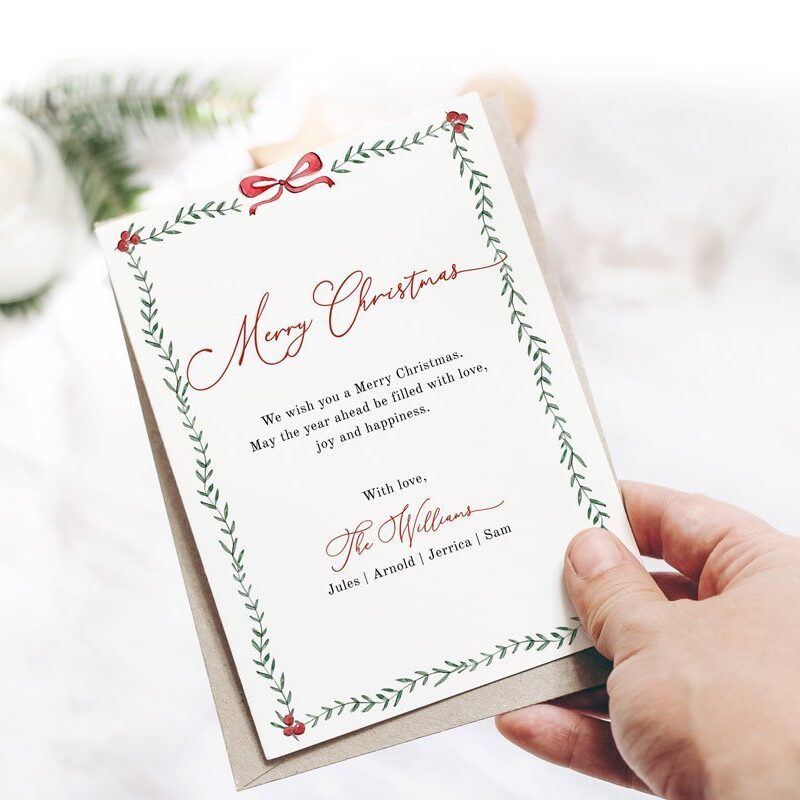 Embrace timeless elegance with our Minimal Christmas Card Template. Featuring a subtle Greenery Christmas Card Border, this design radiates festive charm. Customize your warmest wishes effortlessly with printable and editable features. Instant download and seamless editing via Corjl make your holiday greetings stress-free. Make this season special with this chic vertical holiday card.