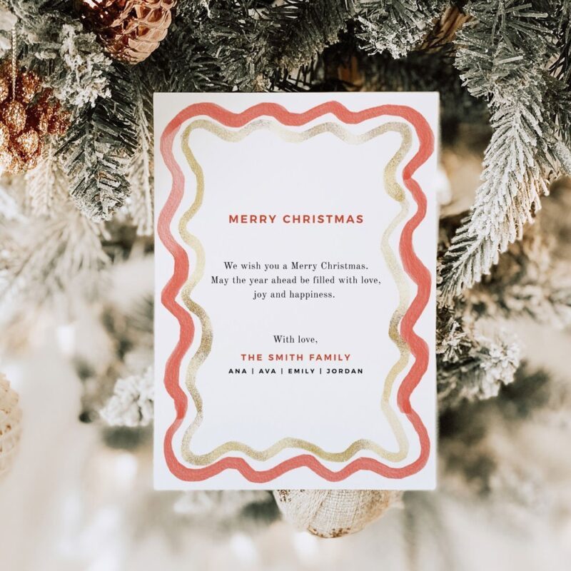 Elevate your holiday greetings with our Wavy Lines Christmas Card Template. Featuring a sophisticated Scallop Edge and Brush Strokes design, this card exudes modern elegance. Personalize your message effortlessly with printable, editable features. Instant download and Corjl editing for seamless customization. Share your warmth and style this festive season!