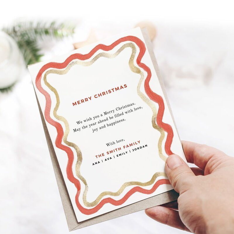 Elevate your holiday greetings with our Wavy Lines Christmas Card Template. Featuring a sophisticated Scallop Edge and Brush Strokes design, this card exudes modern elegance. Personalize your message effortlessly with printable, editable features. Instant download and Corjl editing for seamless customization. Share your warmth and style this festive season!