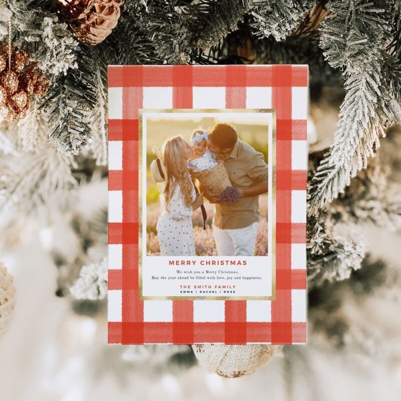 Embrace festive charm with our Winter Plaid Christmas Photo Card Template. Featuring timeless gingham checks, this card adds rustic elegance to your greetings. Personalize effortlessly with printable, editable features. Instant download via Corjl for hassle-free customization. Share warmth and joy this holiday season with this classic Christmas card!