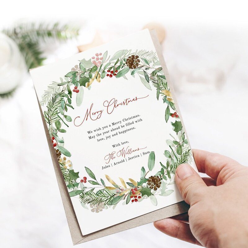 Greenery Wreath Christmas Card Template, Watercolor Foliage Holiday Card 2023, Printable Editable Greeting, Instant Download Edit Corjl 489