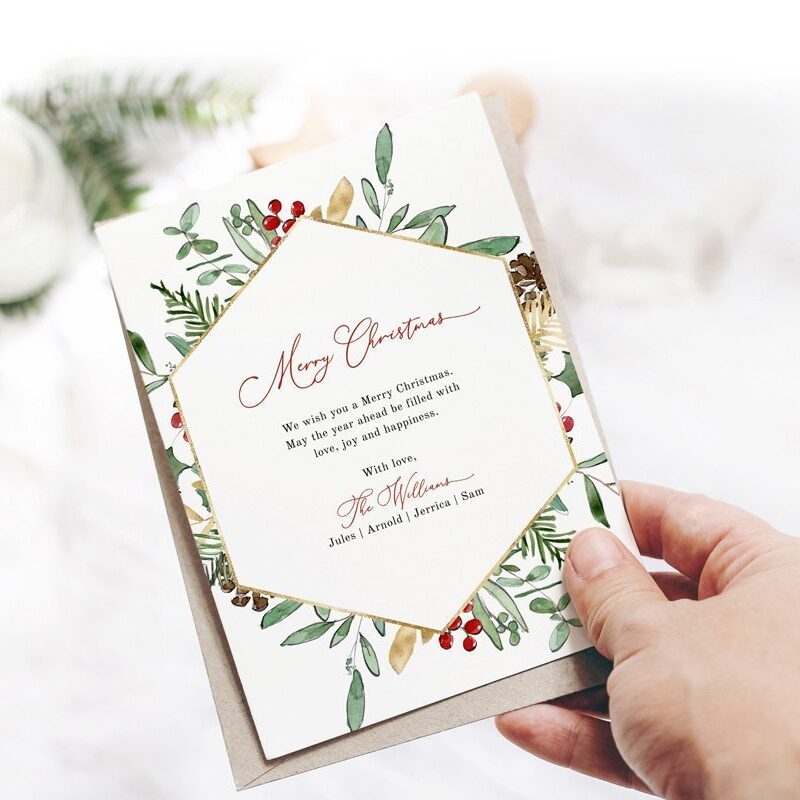 Greenery Frame Christmas Card Template, Watercolor Leaves Holiday Card 2023, Printable Editable Greeting, Instant Download Edit Corjl 489