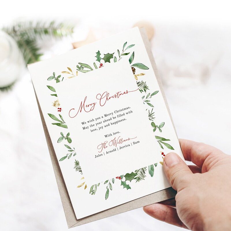 Greenery Border Christmas Card Template, Watercolor Foliage Holiday Card 2023, Printable Editable Greeting, Instant Download Edit Corjl 489