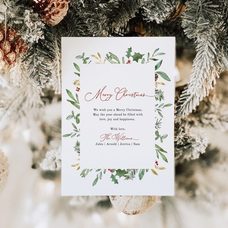 Greenery Border Christmas Card Template, Watercolor Foliage Holiday Card 2023, Printable Editable Greeting, Instant Download Edit Corjl 489
