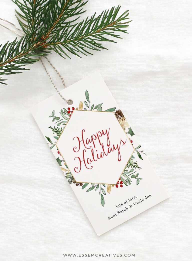 Christmas Foliage Frame Tag, Watercolor Gift Tag, Holiday Gift Tag Template, Personalized Christmas Tags, Instant Download Edit Corjl 489