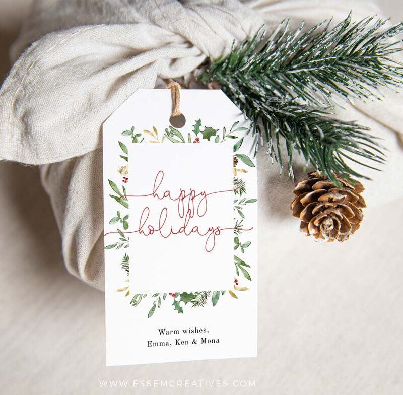 Christmas Foliage Frame Tag, Watercolor Gift Tag, Holiday Gift Label Template, Personalized Christmas Tags, Instant Download Edit Corjl 489