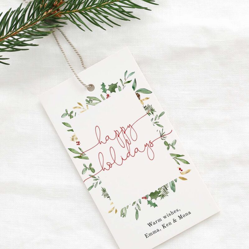 Christmas Foliage Frame Tag, Watercolor Gift Tag, Holiday Gift Label Template, Personalized Christmas Tags, Instant Download Edit Corjl 489