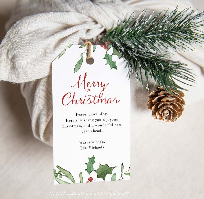 Christmas Gift Tag, Watercolor Foliage Gift Tag, Holiday Gift Label Template, Personalized Christmas Tags, Instant Download Edit Corjl 489