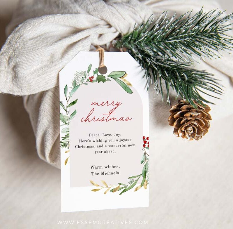Boho Christmas Gift Tag, Watercolor Foliage Tag, Holiday Gift Label Template, Personalized Christmas Tags, Instant Download Edit Corjl 489