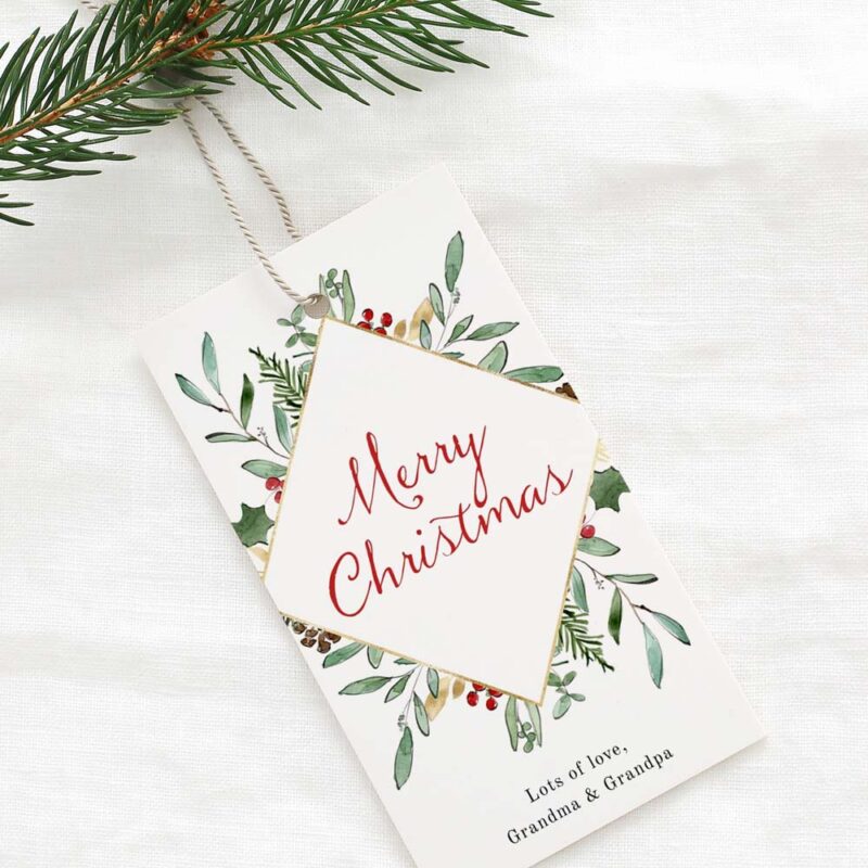 Christmas Frame Gift Tag, Watercolor Foliage Tag, Holiday Gift Label Template, Personalized Christmas Tags, Instant Download Edit Corjl 489