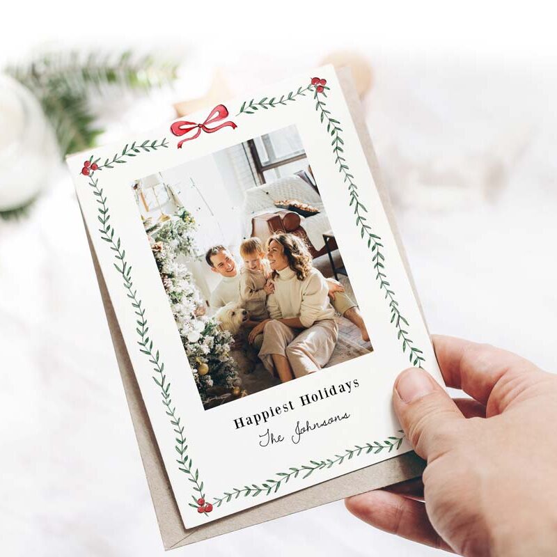 Greenery Christmas Card Template, Christmas Photo Card Border 2023, Printable Editable Holiday Card, Vertical Instant Download Corjl 489