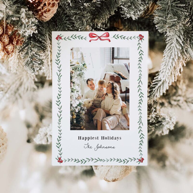 Greenery Christmas Card Template, Christmas Photo Card Border 2023, Printable Editable Holiday Card, Vertical Instant Download Corjl 489
