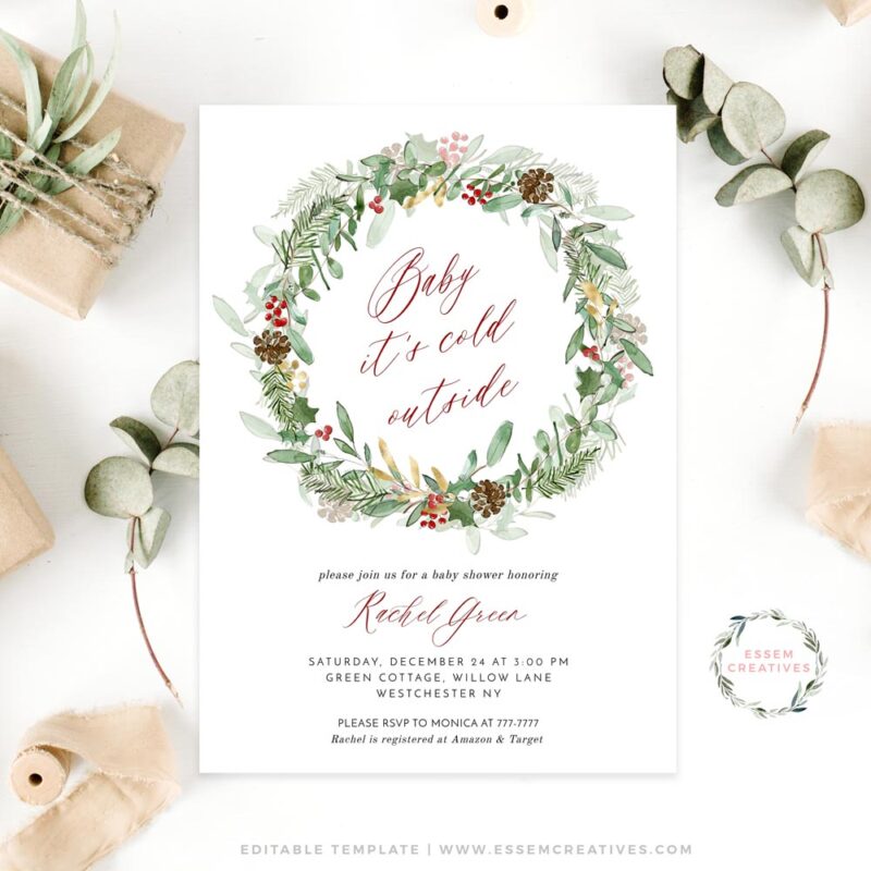 Christmas Baby Shower Invitation Template, Winter Baby Shower Invite, Greenery Wreath Baby It's Cold Outside, DIGITAL DOWNLOAD Corjl 489