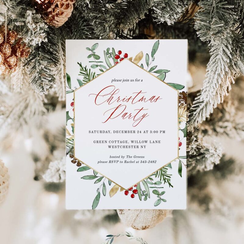 Greenery Christmas Party Invitation Template, Winter Greens Foliage Card, Printable Editable Invitation Card, Instant Download Corjl 489
