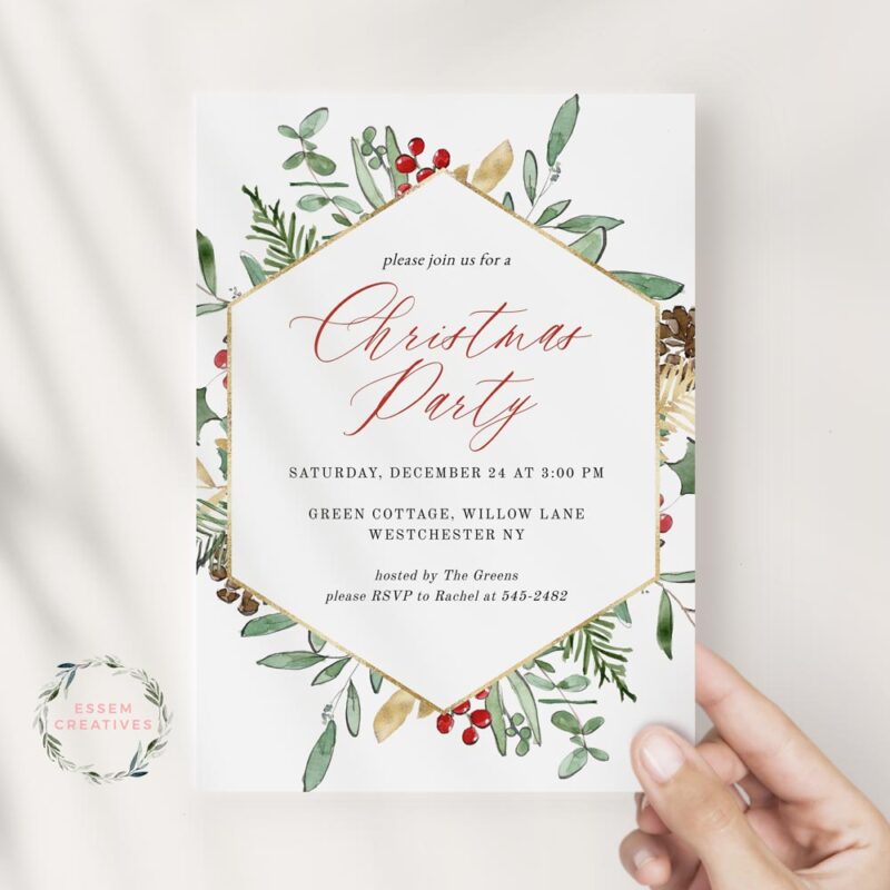 Greenery Christmas Party Invitation Template, Winter Greens Foliage Card, Printable Editable Invitation Card, Instant Download Corjl 489