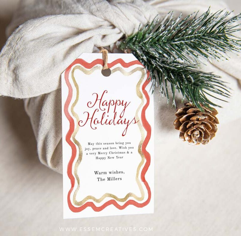 Red and Gold Wavy Lines Gift Tag, Watercolor Christmas Tag, Holiday Gift Tag Template, Personalized Label, Instant Download Edit Corjl 489