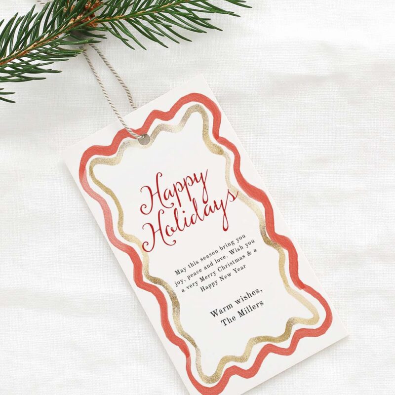 Red and Gold Wavy Lines Gift Tag, Watercolor Christmas Tag, Holiday Gift Tag Template, Personalized Label, Instant Download Edit Corjl 489