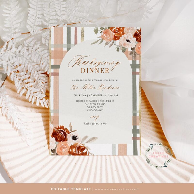 Boho Plaid Invitation Card Template, Fall Floral Thanksgiving Dinner Invite, Printable Editable Card, Vertical DIGITAL Download Corjl 492