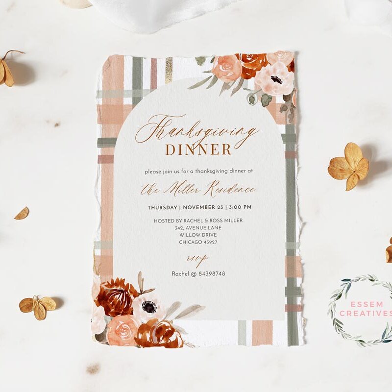 Boho Plaid Invitation Card Template, Fall Floral Thanksgiving Dinner Invite, Printable Editable Card, Vertical DIGITAL Download Corjl 492
