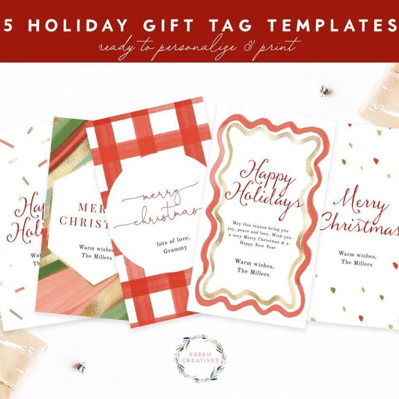 Bundle of 5 Modern Holiday Gift Tags | Red Plaid and Wavy Lines, Abstract Watercolor Holiday Labels