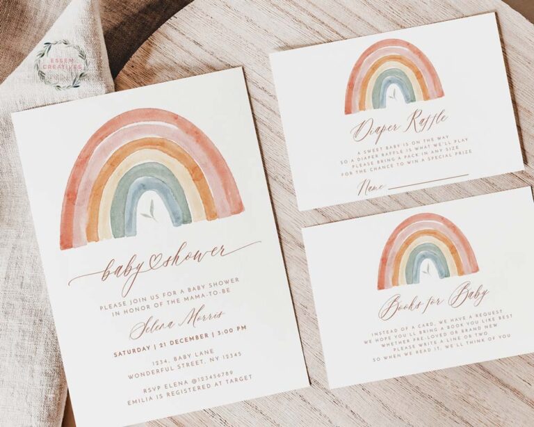 Boho Rainbow Baby Shower Invitation Set, Greenery Boho Rainbow Baby Shower Bundle, Gender Neutral Baby Shower Template, Edit with Corjl, 494