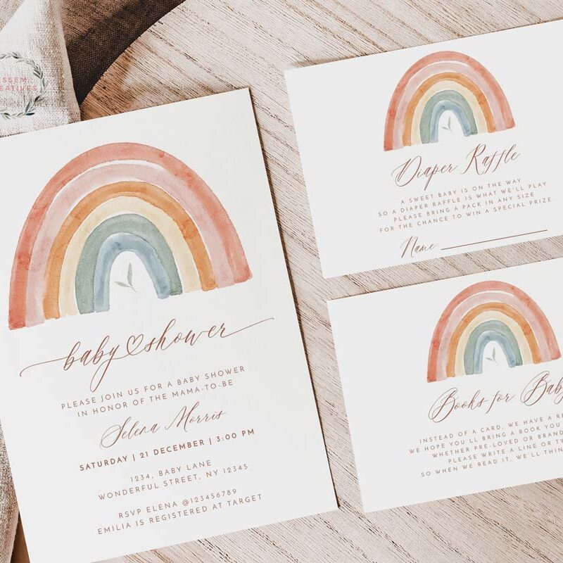 Boho Rainbow Baby Shower Invitation Set, Greenery Boho Rainbow Baby Shower Bundle, Gender Neutral Baby Shower Template, Edit with Corjl, 494