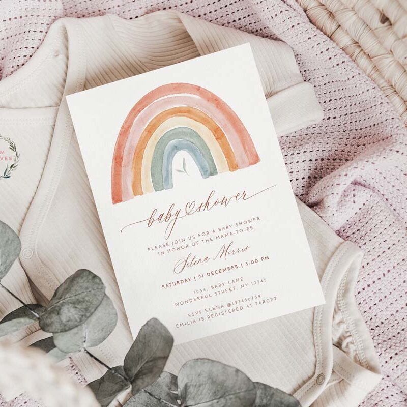 Boho Rainbow Baby Shower Invitation Set, Greenery Boho Rainbow Baby Shower Bundle, Gender Neutral Baby Shower Template, Edit with Corjl, 494