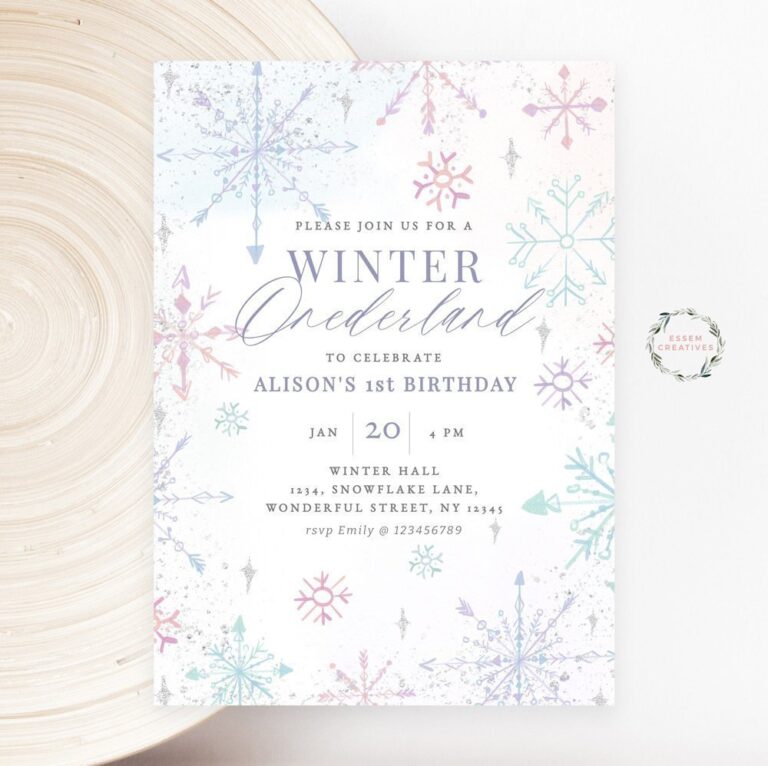 Winter Onederland Invitation Template, Snowflake Glitter Girl 1st Birthday Invite, Modern Winter Birthday Frozen Ice Snow, Editable Card 496