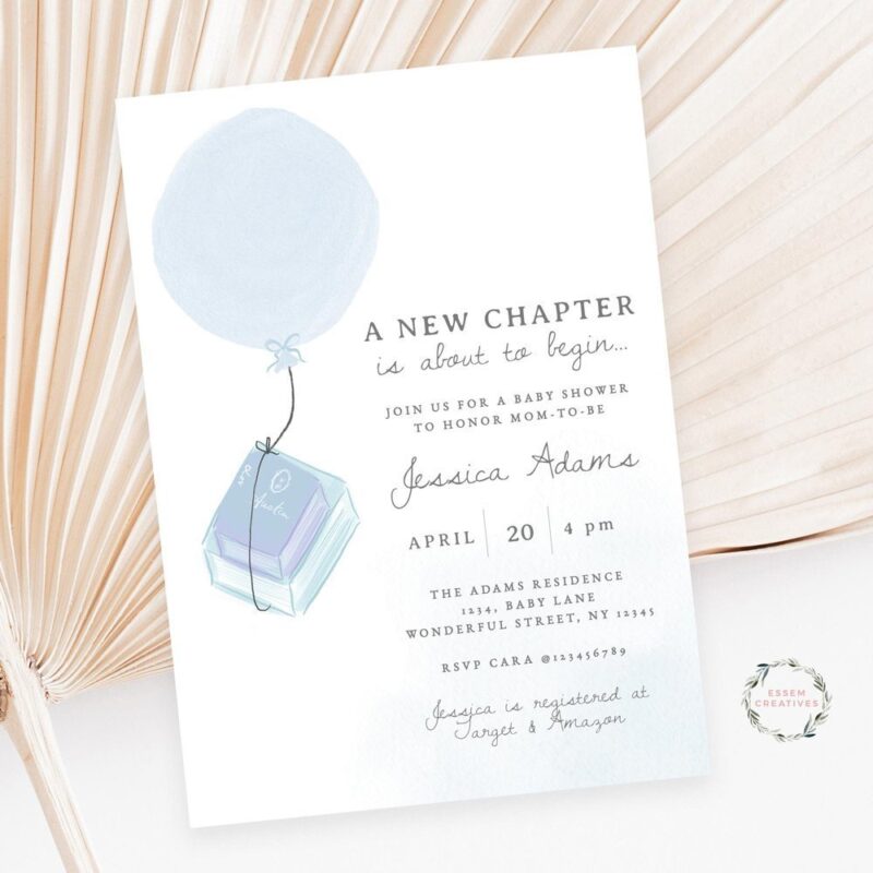 A New Chapter Baby Shower Invitation Template, Books Stack Boy Baby Shower Invite, Book Lovers Boho Baby Sprinkle Printable Invite Card, 497