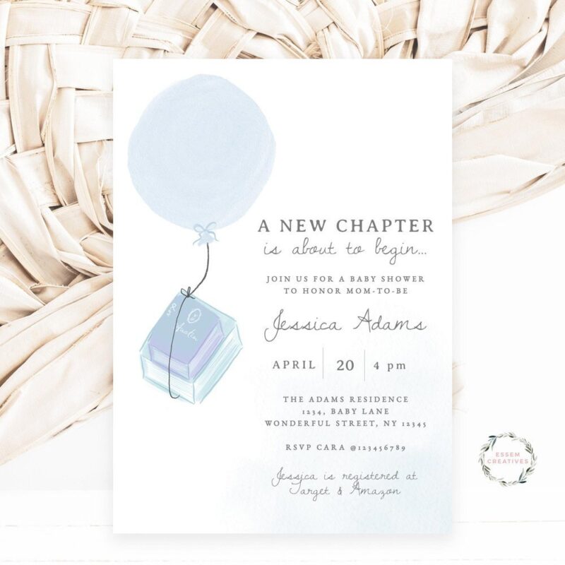 A New Chapter Baby Shower Invitation Template, Books Stack Boy Baby Shower Invite, Book Lovers Boho Baby Sprinkle Printable Invite Card, 497
