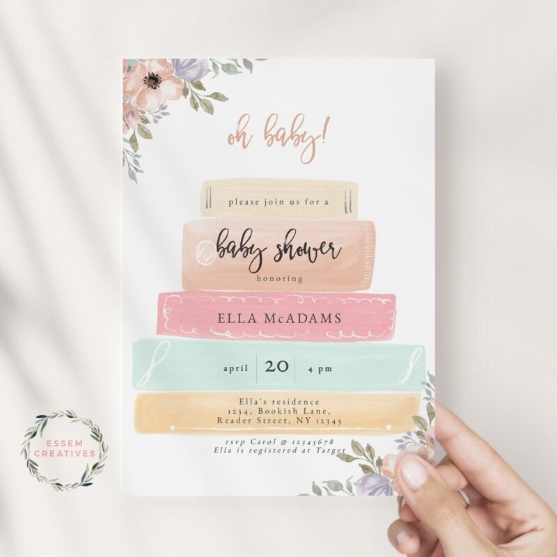 Storybook Baby Shower Invitation Template, Books Stack Baby Shower Invite, Book Lovers Boho Girl Baby Sprinkle Printable Invite, 497