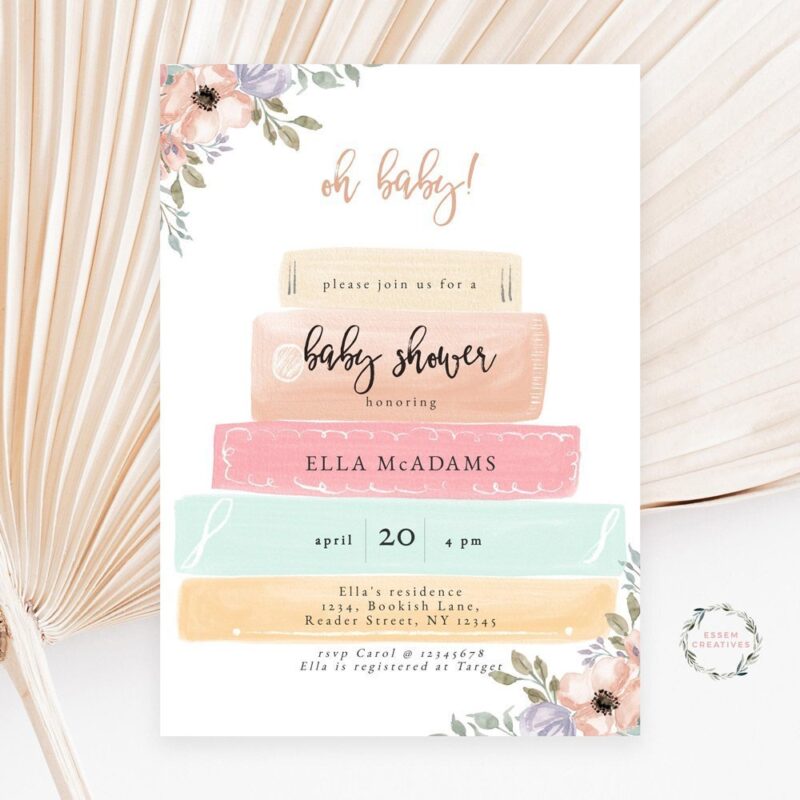 Storybook Baby Shower Invitation Template, Books Stack Baby Shower Invite, Book Lovers Boho Girl Baby Sprinkle Printable Invite, 497