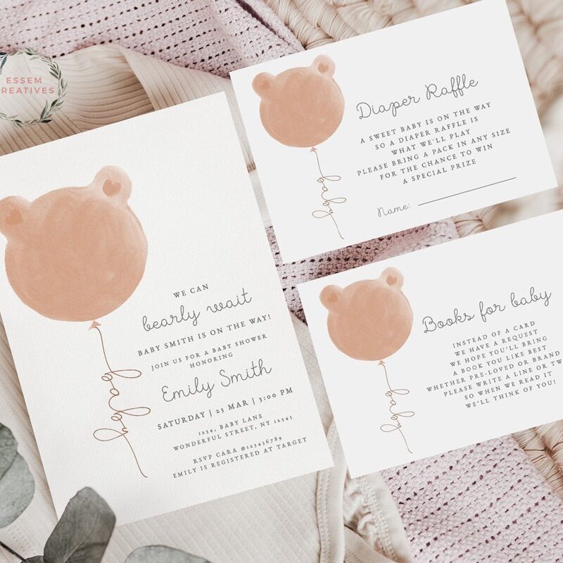 We Can Bearly Wait Baby Shower Invitation, Gender Neutral Brown Teddy Bear Balloon Baby Shower Card, Baby Sprinkle Invite,Fully Editable 498
