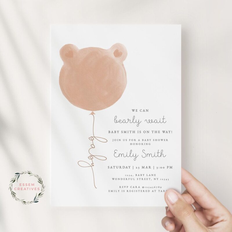 We Can Bearly Wait Baby Shower Invitation, Gender Neutral Brown Teddy Bear Balloon Baby Shower Card, Baby Sprinkle Invite,Fully Editable 498