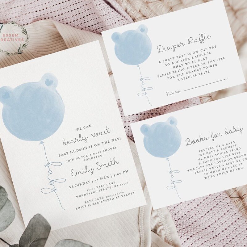 We Can Bearly Wait Baby Shower Invitation Set, Modern Blue Boy Teddy Bear Balloon Baby Shower Card, Baby Sprinkle Invite, Fully Editable 498