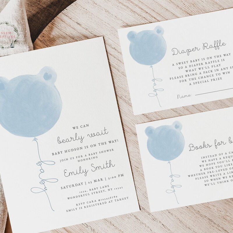 We Can Bearly Wait Baby Shower Invitation Set, Modern Blue Boy Teddy Bear Balloon Baby Shower Card, Baby Sprinkle Invite, Fully Editable 498