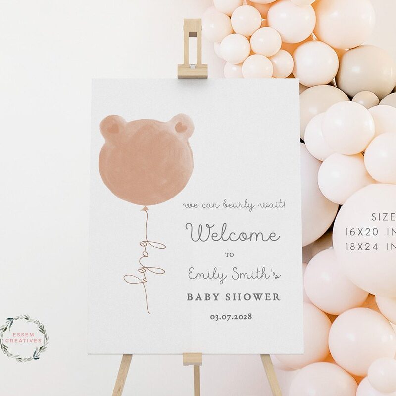 We Can Bearly Wait Baby Shower Welcome Sign, Gender Neutral Brown Teddy Bear Balloon Baby Shower Decor, Baby Sprinkle ,Fully Editable 498