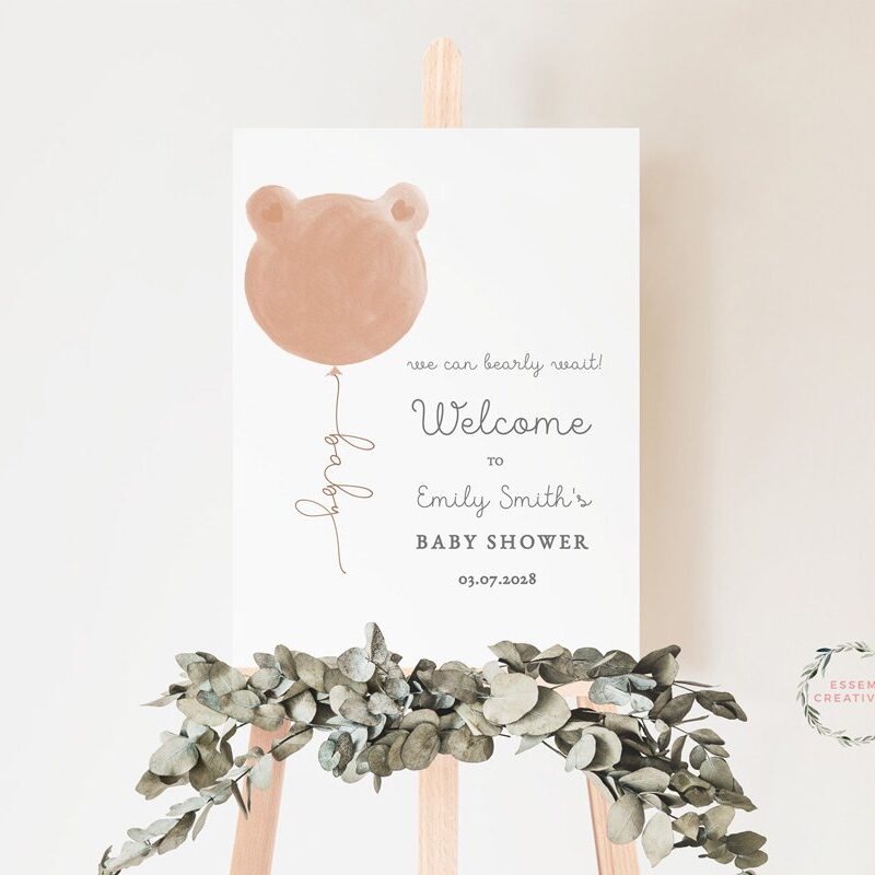 We Can Bearly Wait Baby Shower Welcome Sign, Gender Neutral Brown Teddy Bear Balloon Baby Shower Decor, Baby Sprinkle ,Fully Editable 498