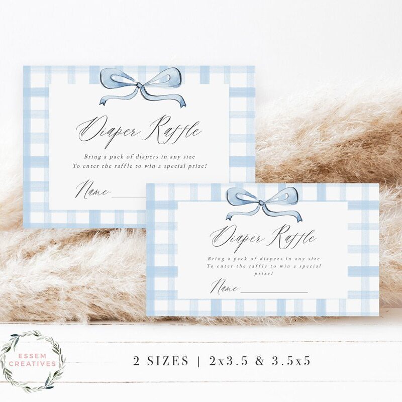 Editable Baby Blue Boy Baby Shower Diaper Raffle Ticket, Gingham Bow Diaper Raffle Sign Template, Modern Baby Shower, Instant Download 501