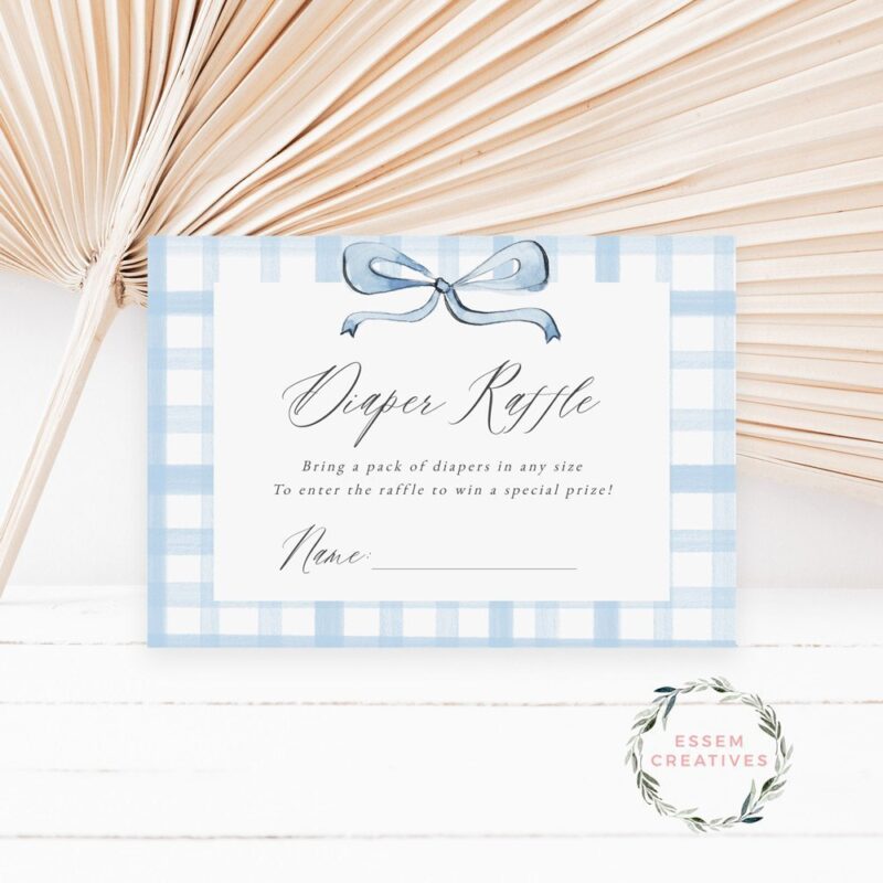 Editable Baby Blue Boy Baby Shower Diaper Raffle Ticket, Gingham Bow Diaper Raffle Sign Template, Modern Baby Shower, Instant Download 501