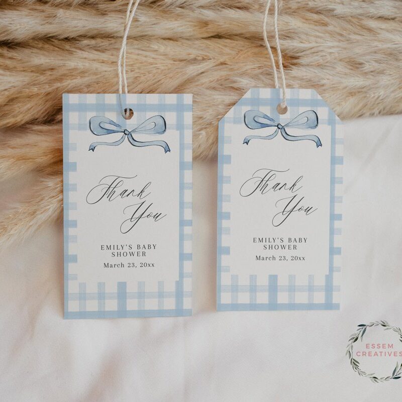Editable Baby Blue Boy Baby Shower Favor Tag Template, Gingham Bow Rectangle Gift Tag Template, Modern Baby Shower, Instant Download 501