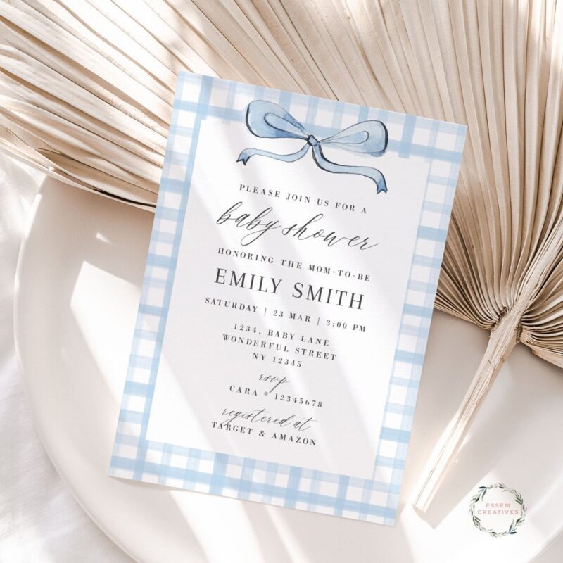 Editable Baby Blue Boy Baby Shower Invite, Gingham Bow Baby Shower Invitation, Modern Classic Southern Baby Shower, Instant Download 501