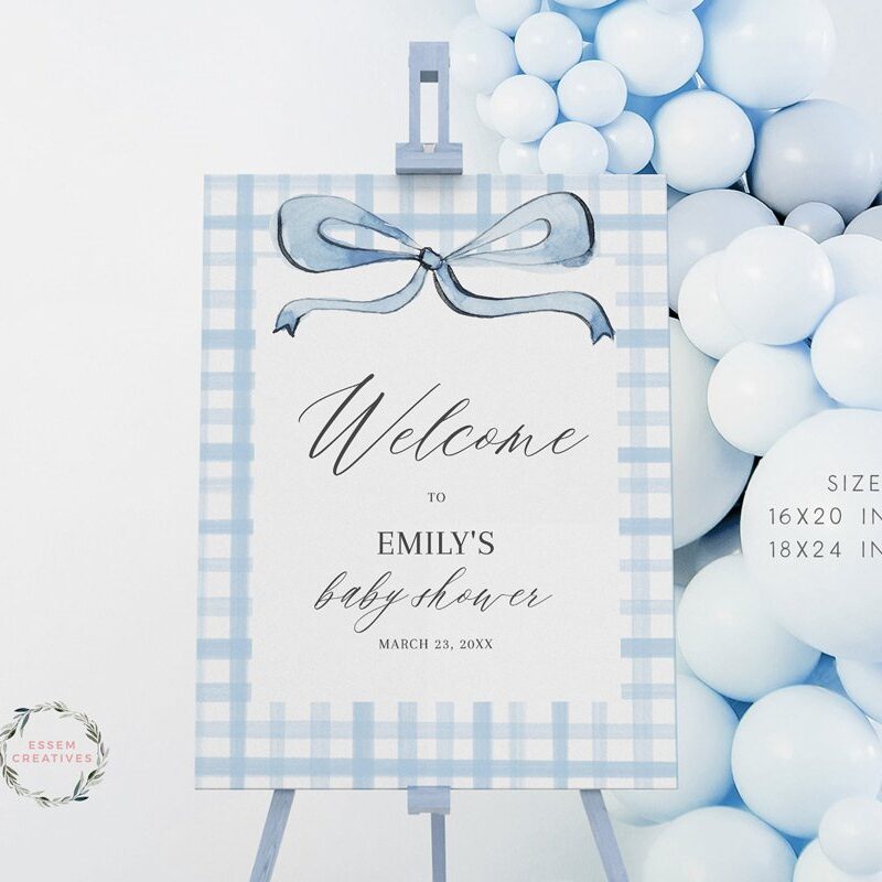 Editable Baby Blue Boy Baby Shower Welcome Sign Template, Gingham Bow Welcome Sign 16x20 18x24, Modern Baby Shower, Instant Download 501