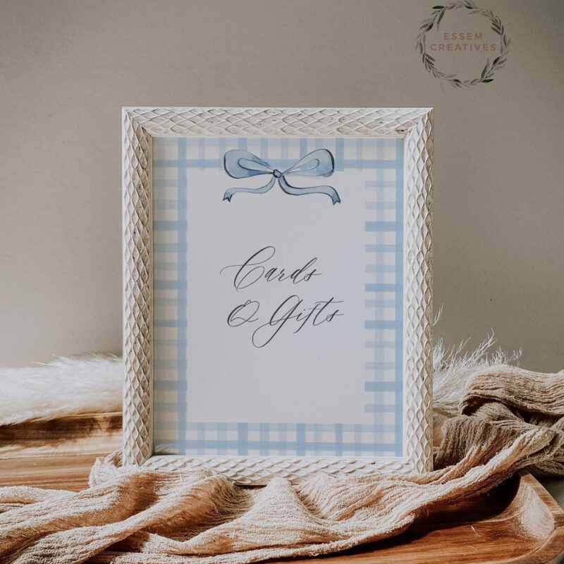 Printable Baby Blue Boy Baby Shower Cards and Gifts Sign Template, Gingham Bow Party Sign, Modern Baby Shower Decor, Instant Download 501